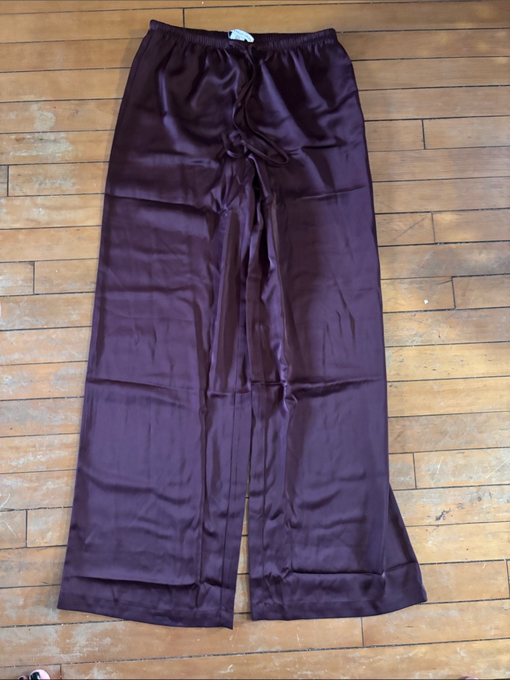 EUC Satin Wide-Leg Drawstring Pants in Deep Plum